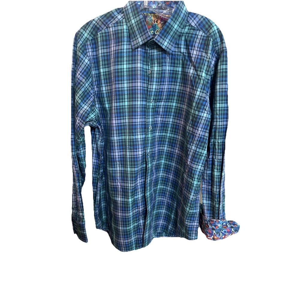 Robert Graham Turquoise Green Striped Shirts Artistic Patch W Flip Cuff Large